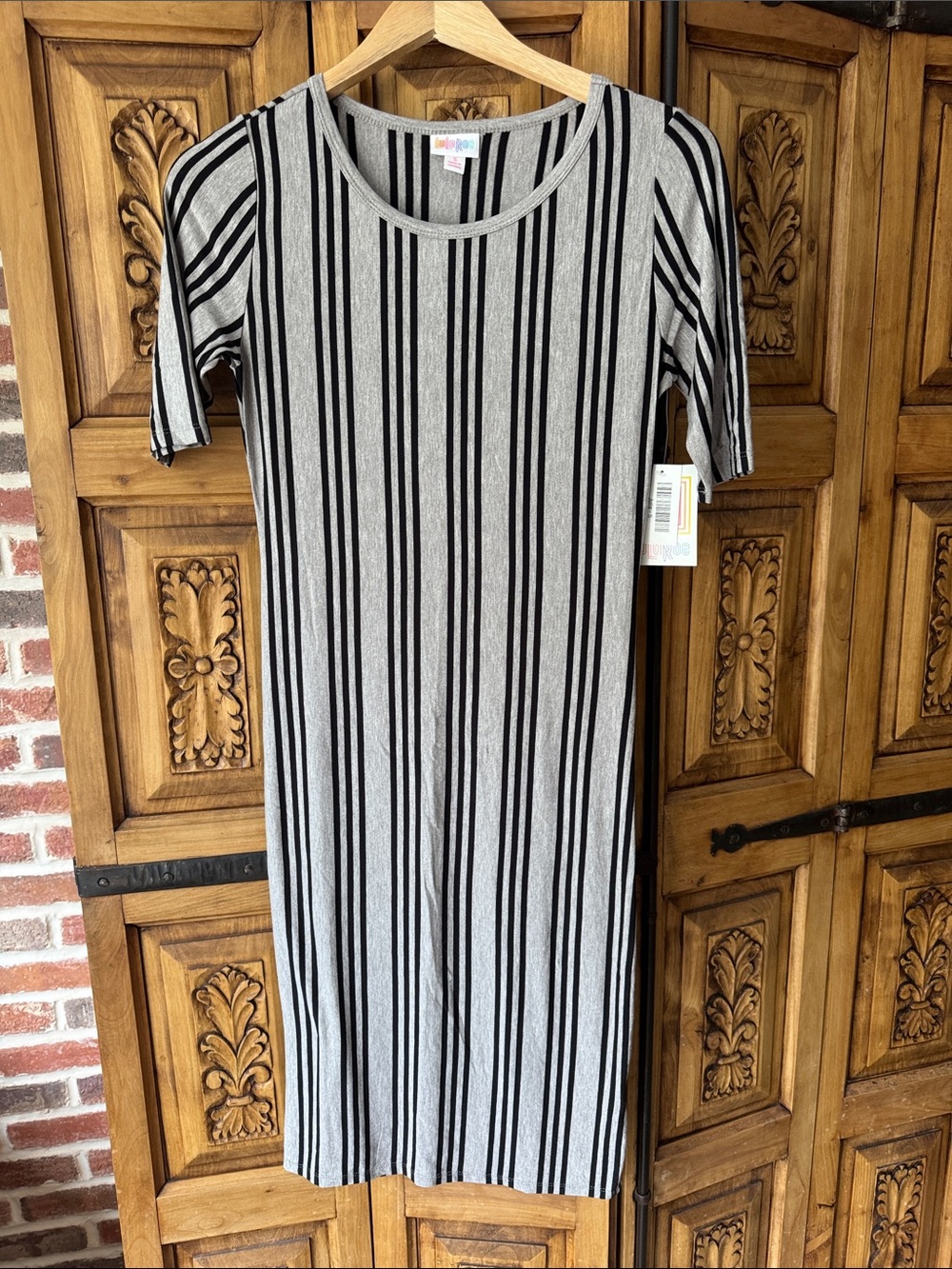 LuLaRoe Black and Gray Striped Midi Dress